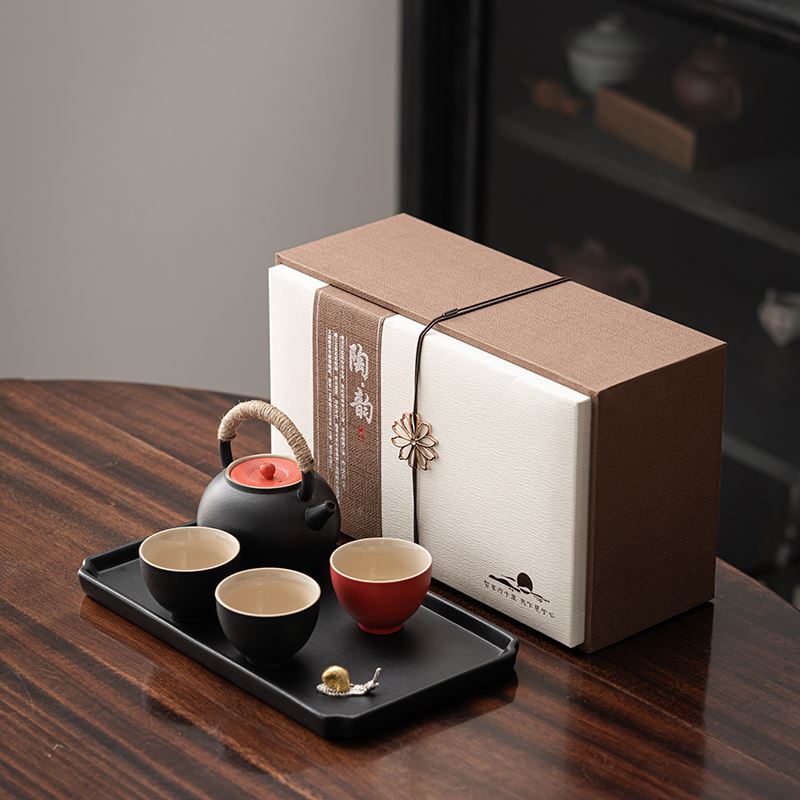 知者觉器-中国红蜗牛陶瓷茶盘套装茶具粗陶礼盒定制礼品节日端午