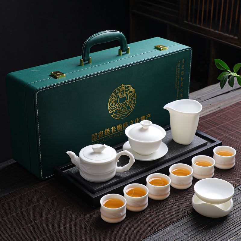 11头亚光羊脂玉瓷茶具套装竹韵