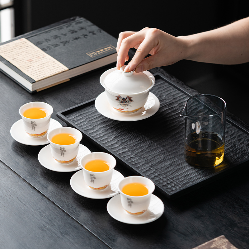 知者觉器-狮来运转茶具套装陶瓷礼品商务端午伴手礼中秋羊脂玉瓷
