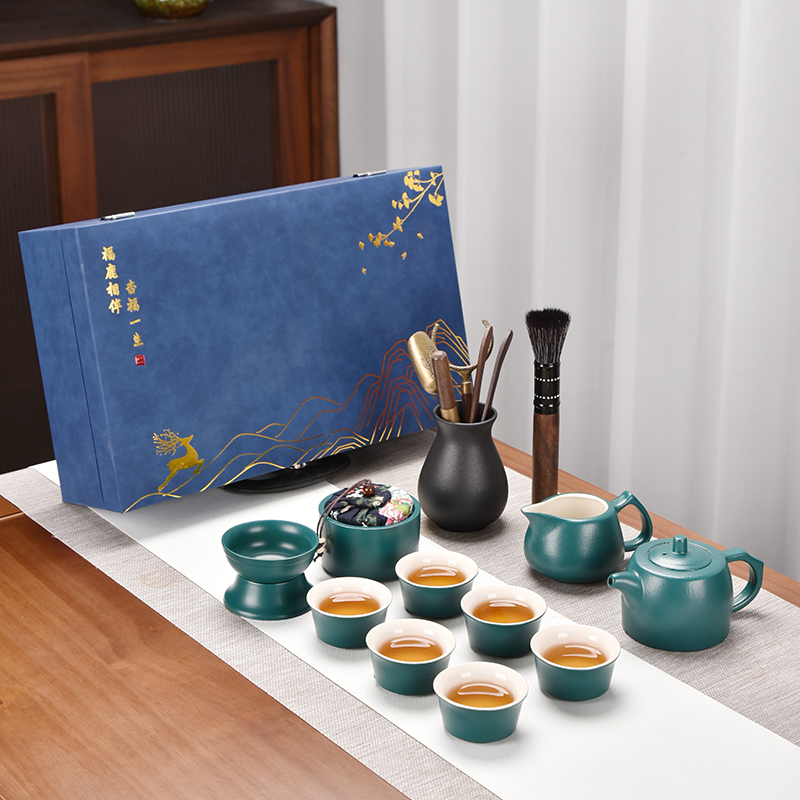 鹏翼端午节粽绿16头粗陶茶具大套装